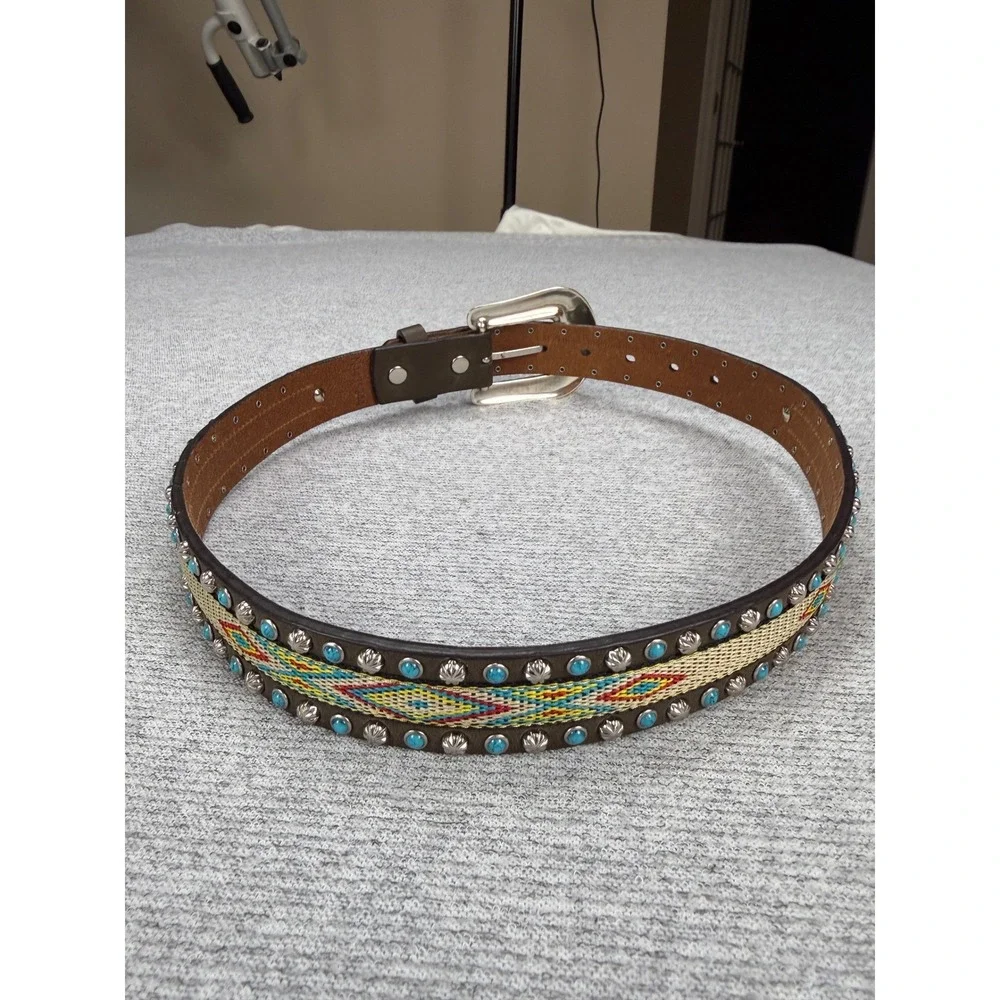 Nocona Belt Co Brown Leather Turquoise Studded Western Belt Size 28‎ N4435244